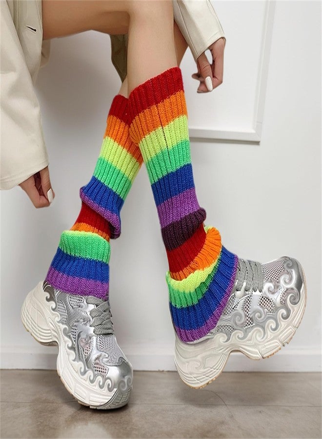 Insdark Y2k Harajuku Leg Warmers for Women Goth Rainbow Striped Knitted Rave Gothic Alt Punk Grunge Emo Knit Ice Skating Plus Size Legwarmers, Colorful Stripe Graphic, Multicolour - Image 2